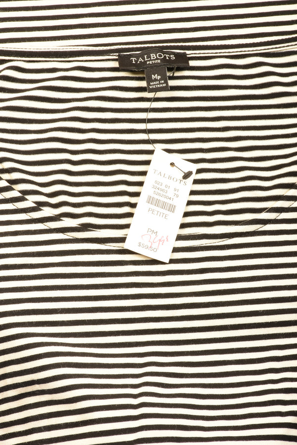 Talbots Shirt Womens PM Medium Petite White Black Stripe Rayon